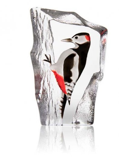 Målerås Glasbruk Wildlife målad Hackspett 19,5x12,5cm